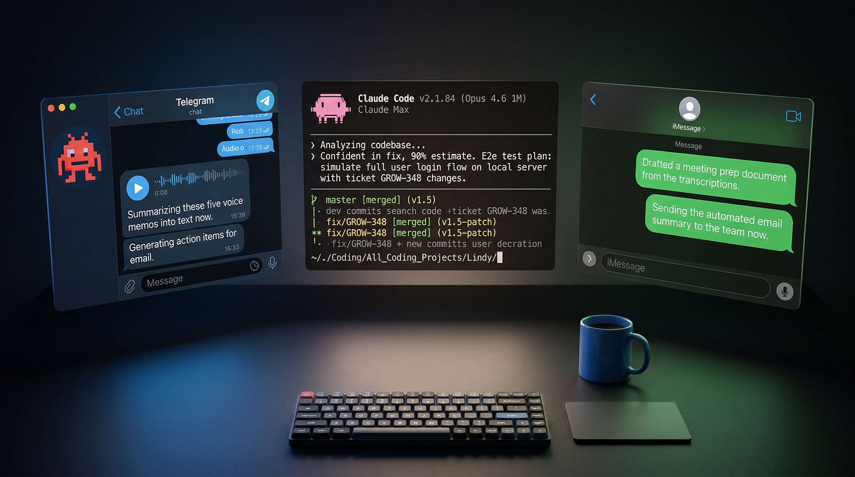 Three agents working alongside each other: Claude Code, OpenClaw, and Lindy