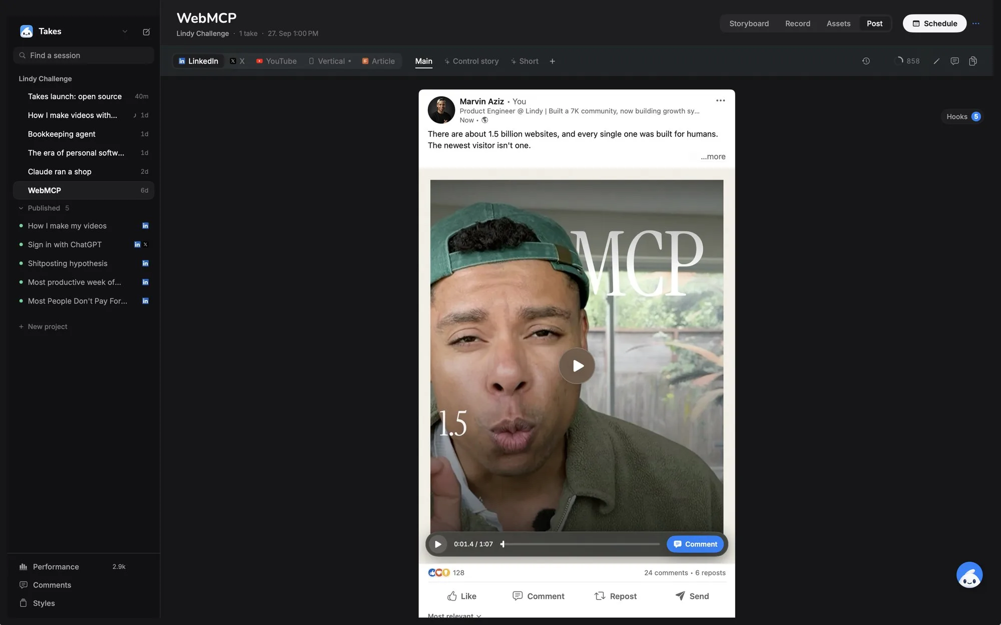 A session in Takes: the library in the sidebar and the LinkedIn post previewed with its video