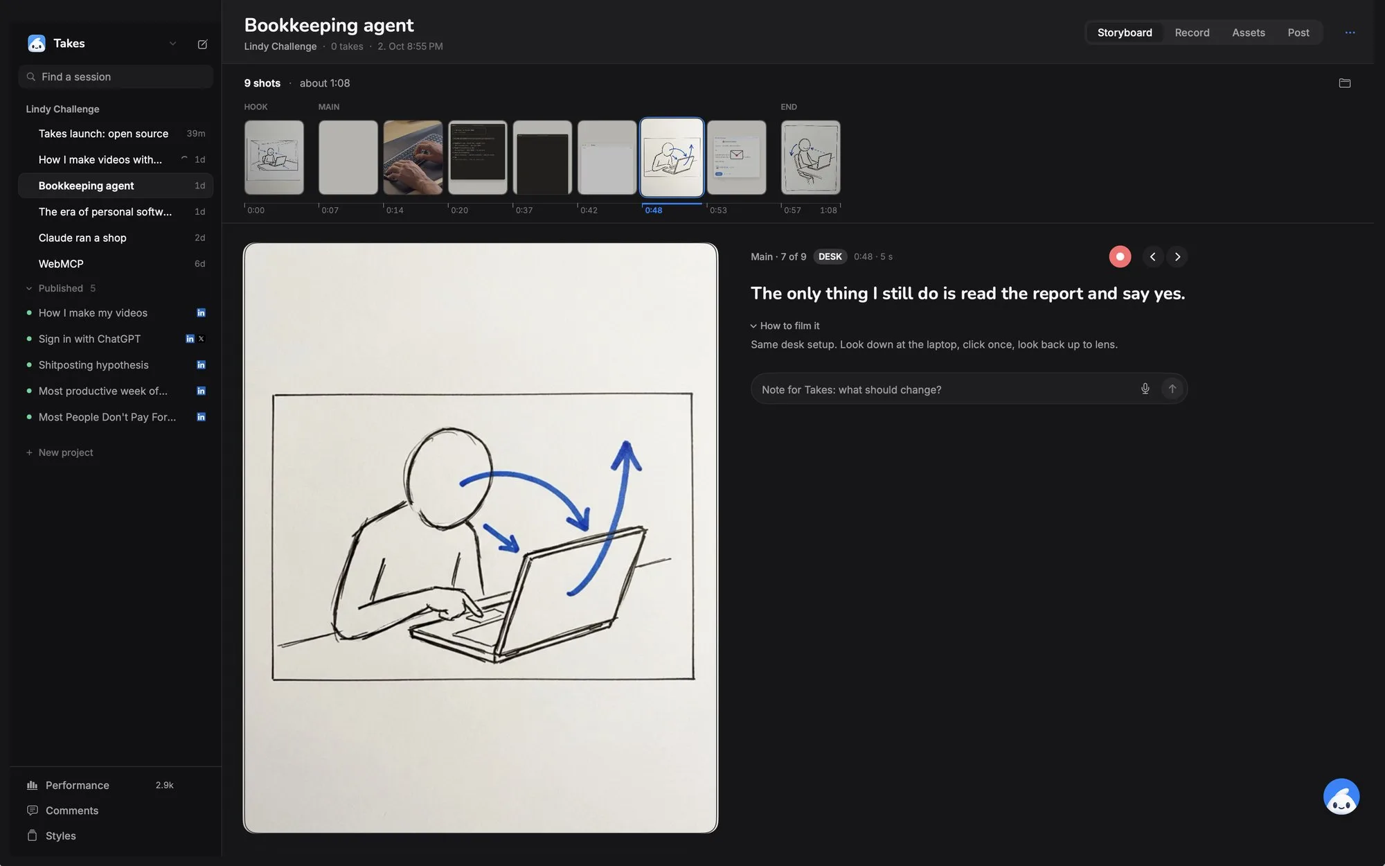 The Storyboard tab in Takes: nine shots on a timeline, a marker sketch of the current shot, and how to film it