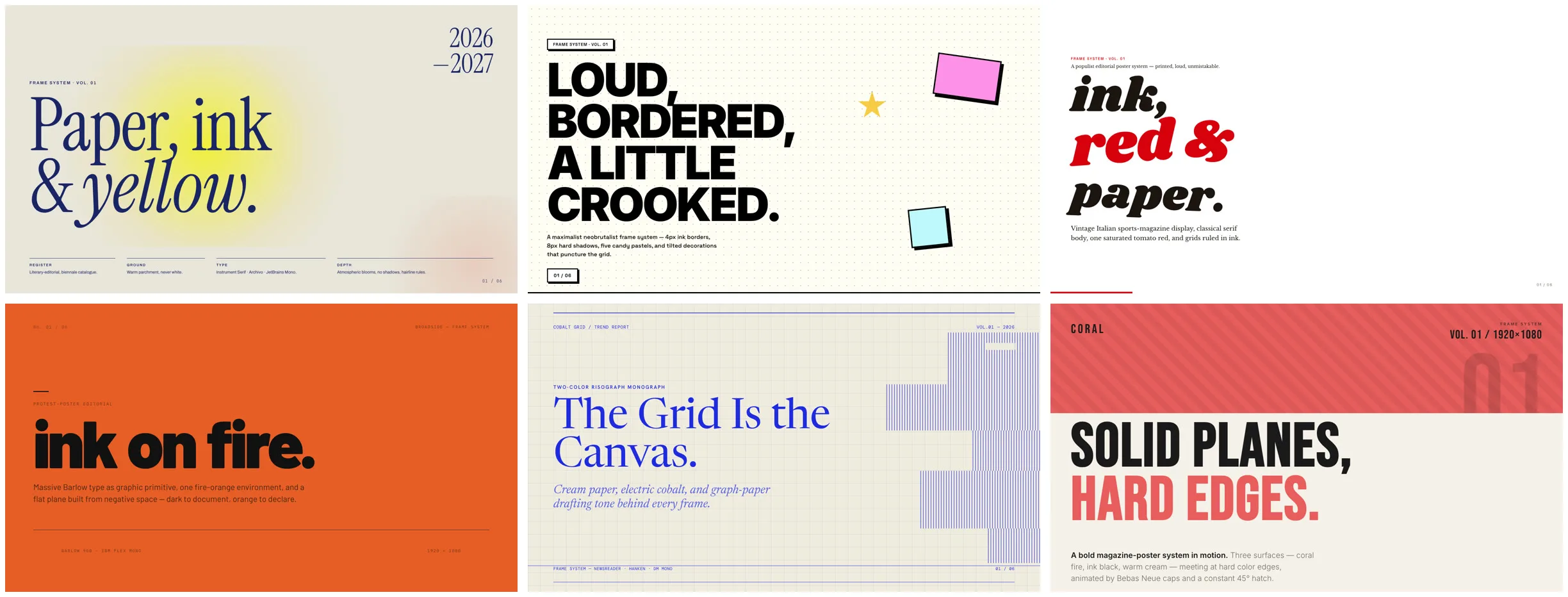 Six HyperFrames design templates: paper and ink, neo-brutalist, Italian magazine, orange poster, cobalt grid, coral planes