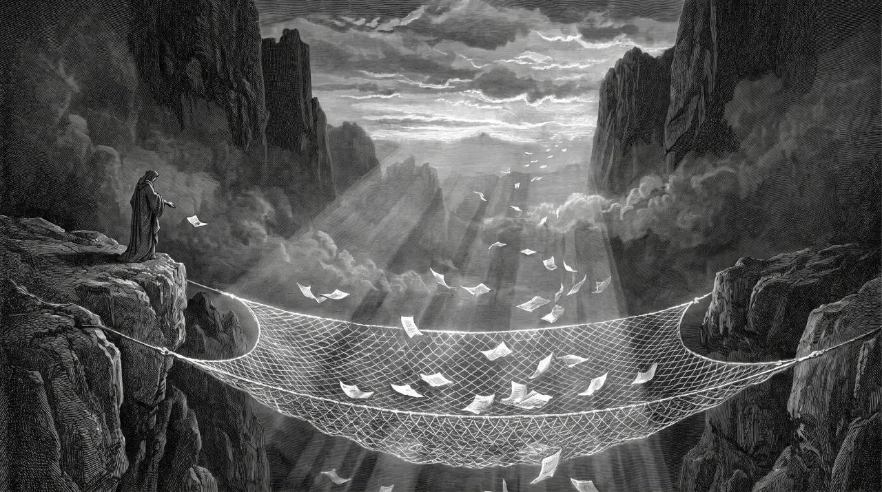 A lone figure on a cliff dropping a page into a vast net spanning the abyss