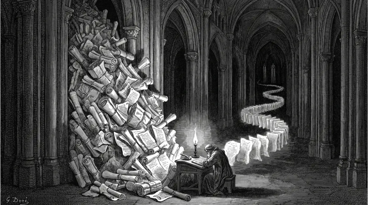 One weary figure at a candlelit desk beneath an avalanche of scrolls, a glowing queue snaking into a cathedral