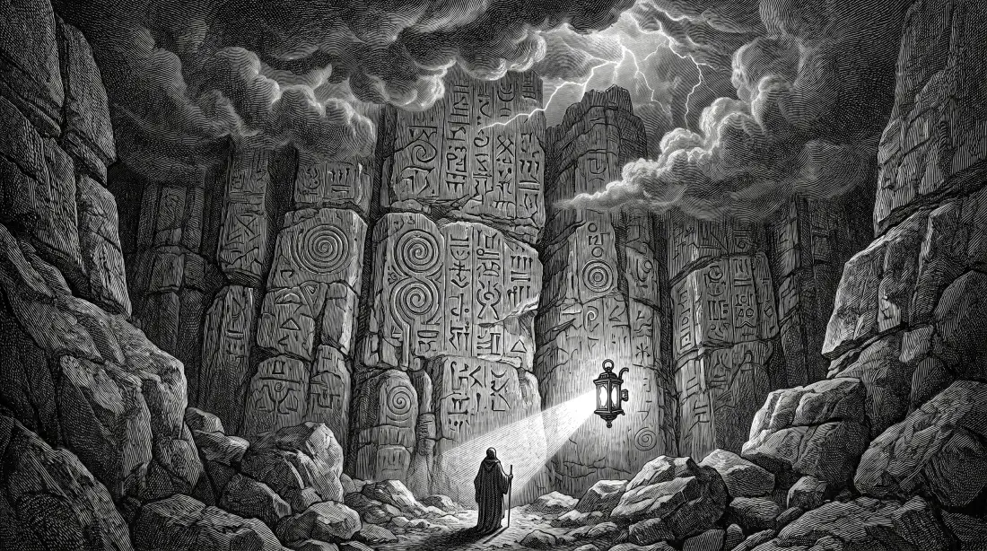 A small figure dwarfed beneath a towering cliff of glyphs, lit by a single lantern