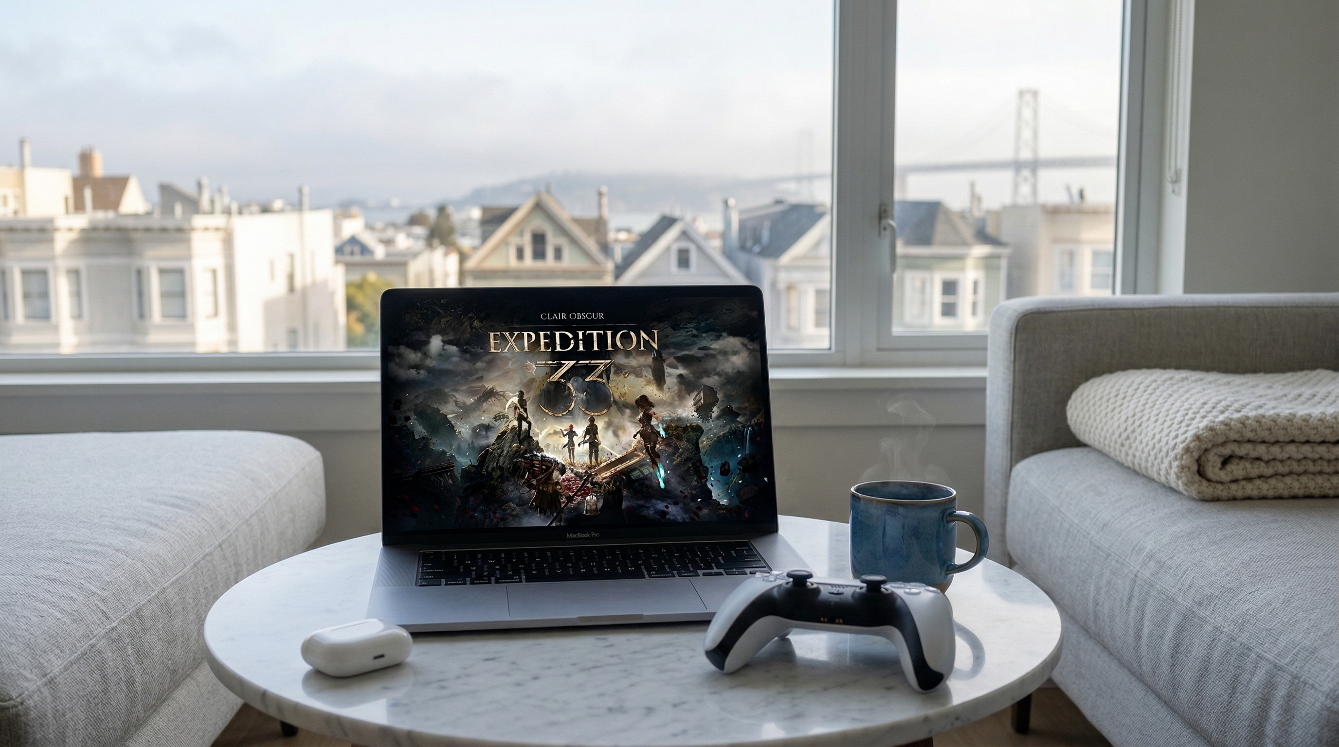 A PS5 controller, a laptop running Clair Obscur: Expedition 33, and a coffee mug on a marble table in San Francisco